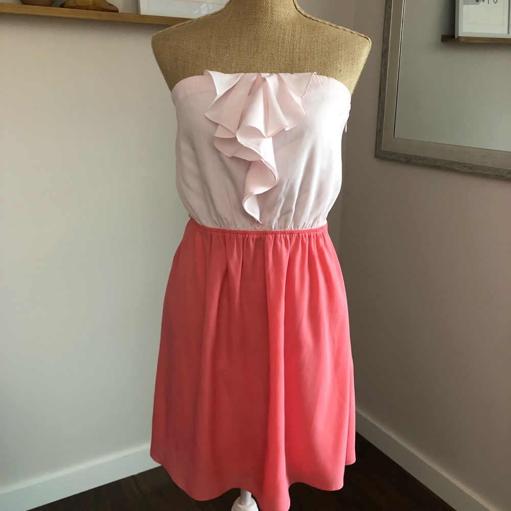 Pink & Coral Ruffle Trim Strapless Dress - Picture 5 of 13